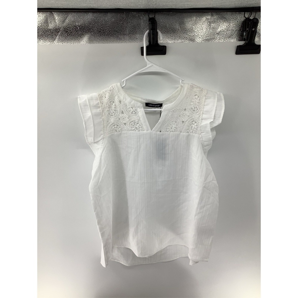 Cable & Gauge White Flutter Sleeve Blouse Crochet Lace Dobby Stripe Top Large